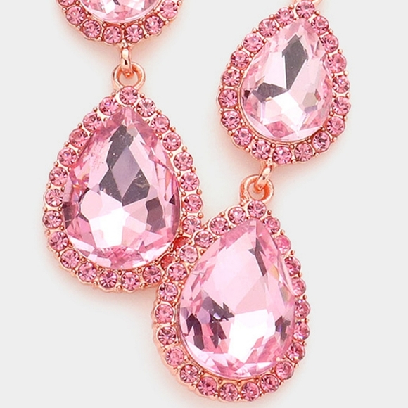 Pink Dangle Crystal Earrings 2.7 Inch Triple Teardrop Stone Drop Down Jewelry - Picture 2 of 2